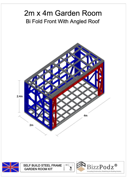 3D model of a self-build steel frame garden room with dimensions and BizzPodz branding.