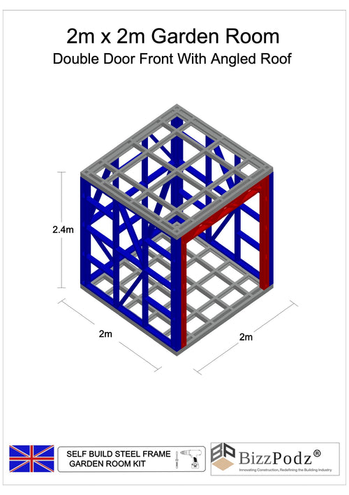 3D model of a self-build steel frame garden room kit with dimensions and BizzPodz branding.