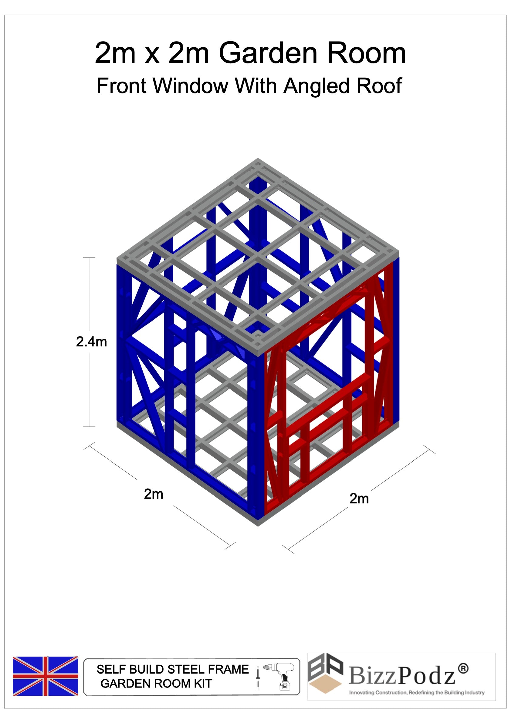 3D model of a self-build steel frame garden room with dimensions and BizzPodz branding.