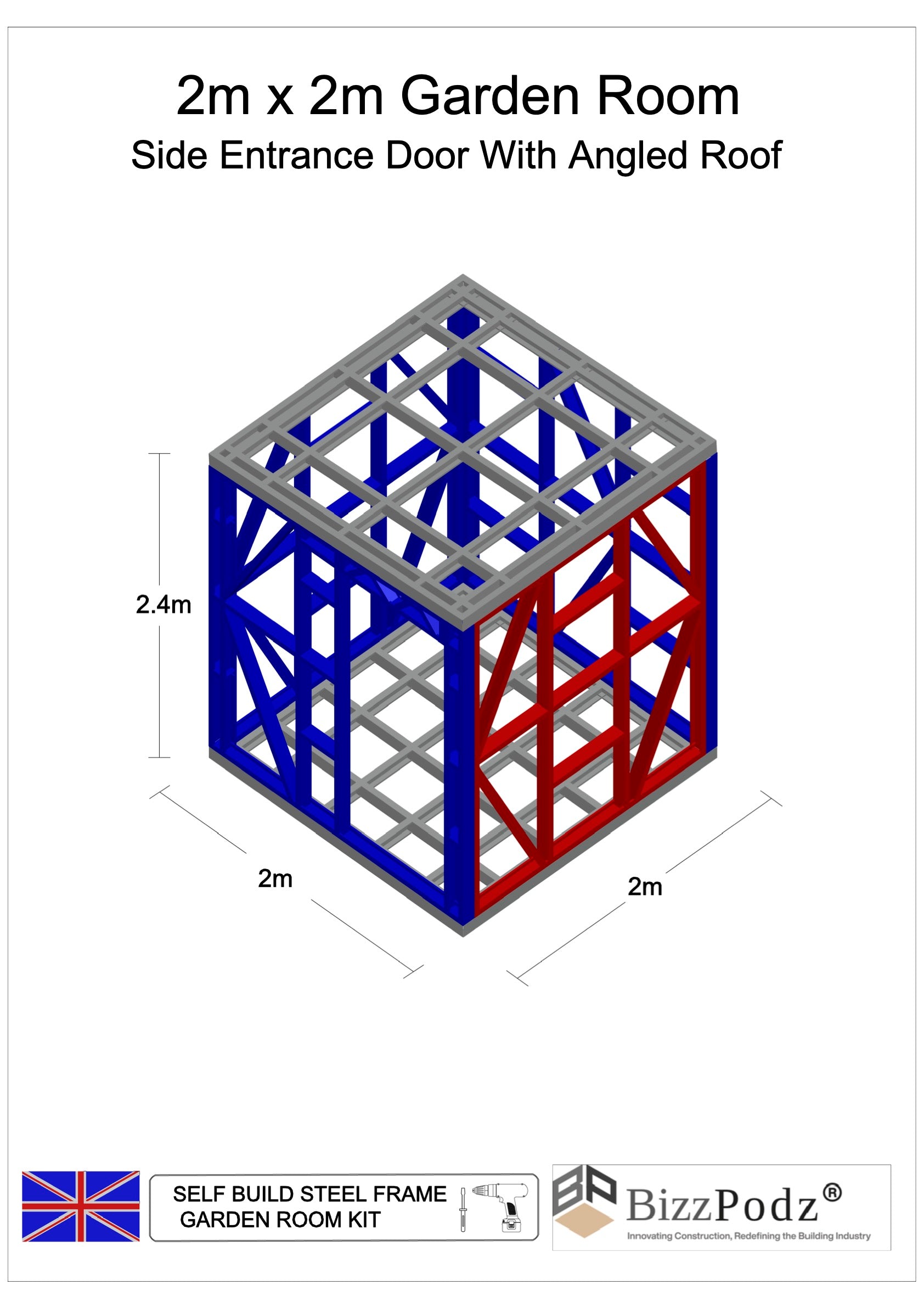 3D model of a self-build steel frame garden room kit with dimensions and BizzPodz branding.