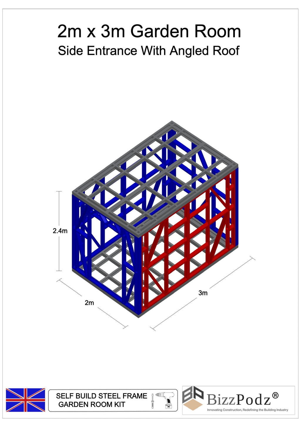 3D model of a self-build steel frame garden room with dimensions and BizzPodz branding.