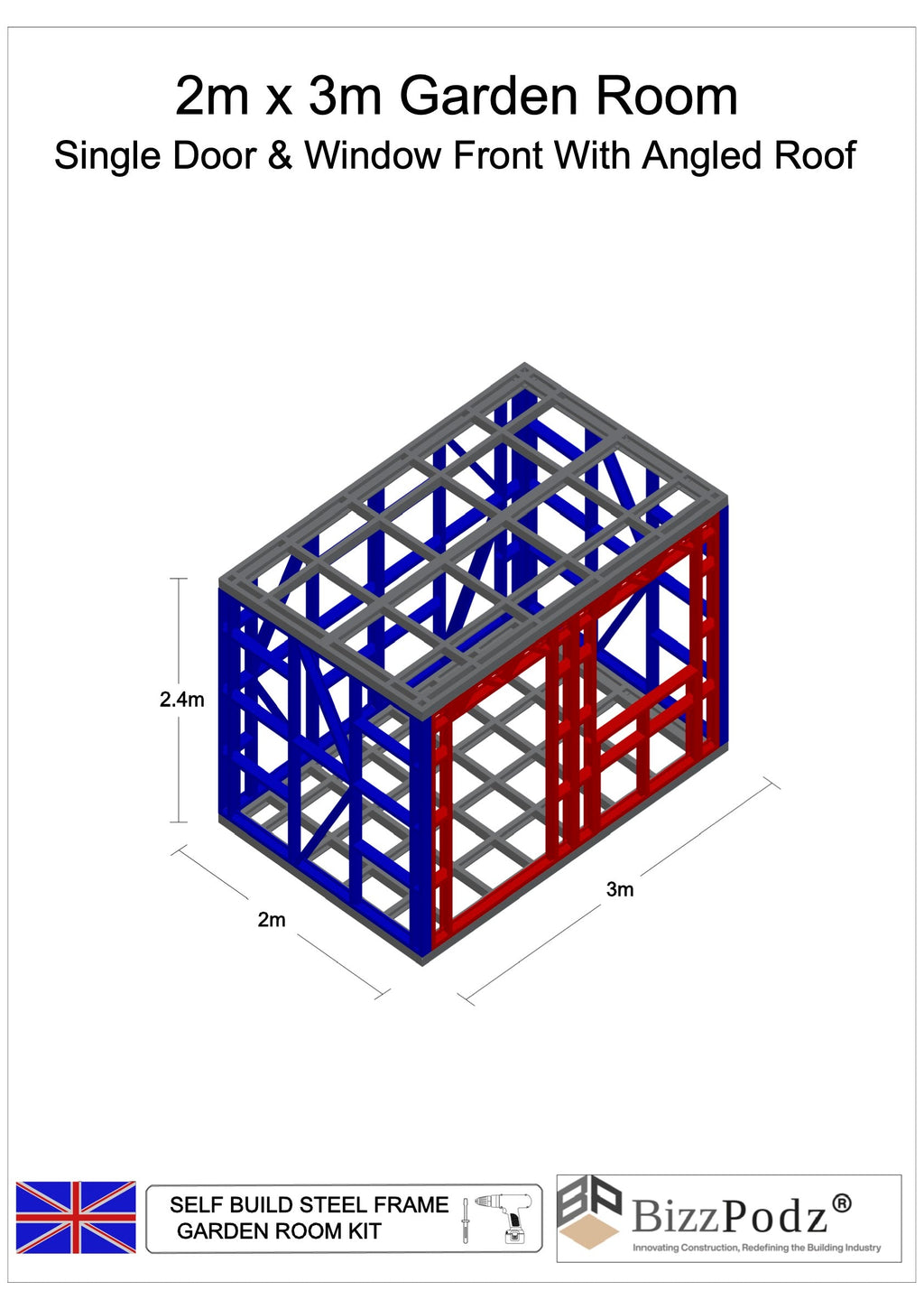 3D model of a self-build steel frame garden room with dimensions and features, branded as BizzPodz.