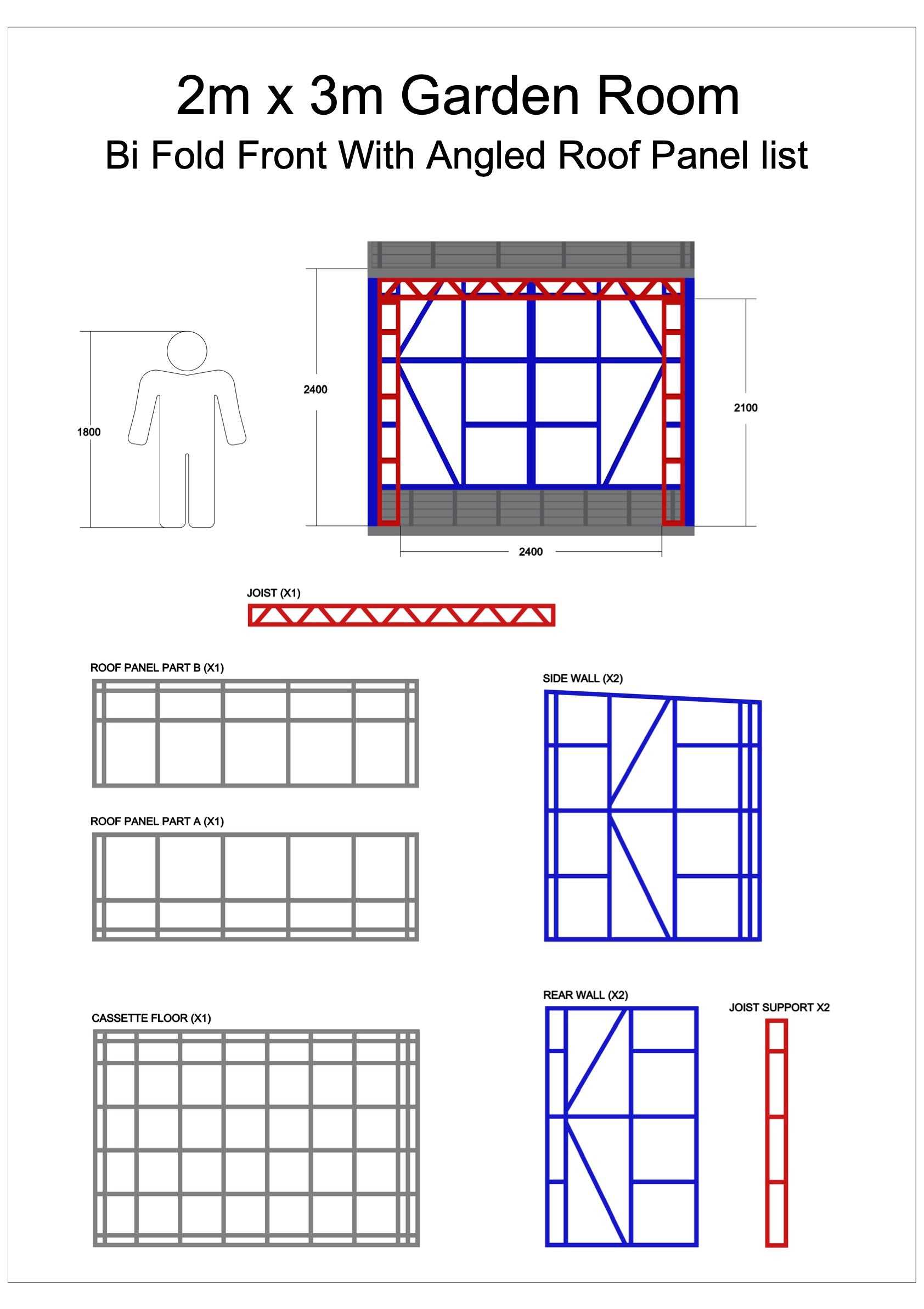 Technical drawing of a 2m x 3m garden room structure with components labeled.