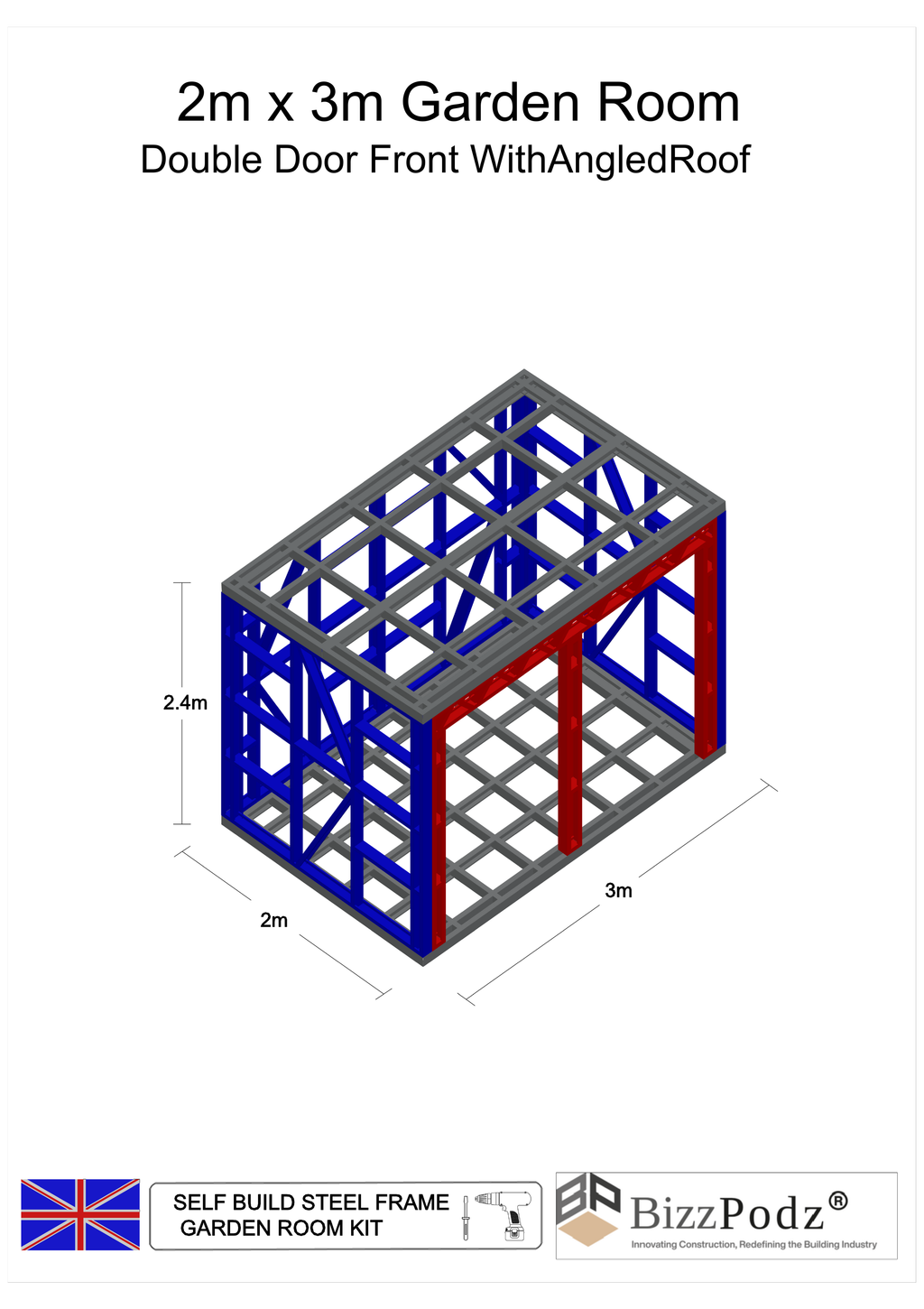 3D model of a self-build steel frame garden room kit with dimensions and BizzPodz branding.