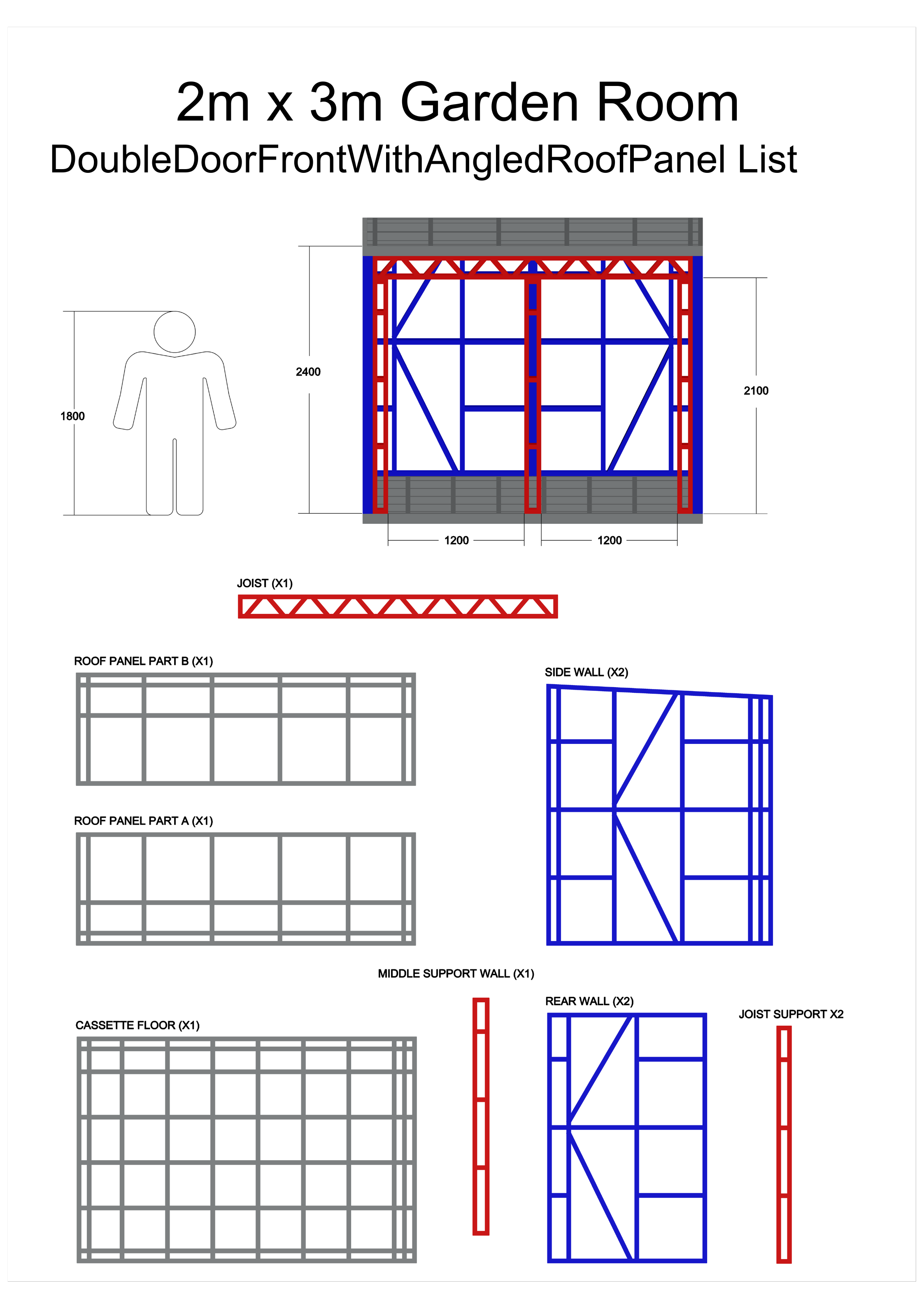 Technical drawing of a 2m x 3m garden room with component list and dimensions.