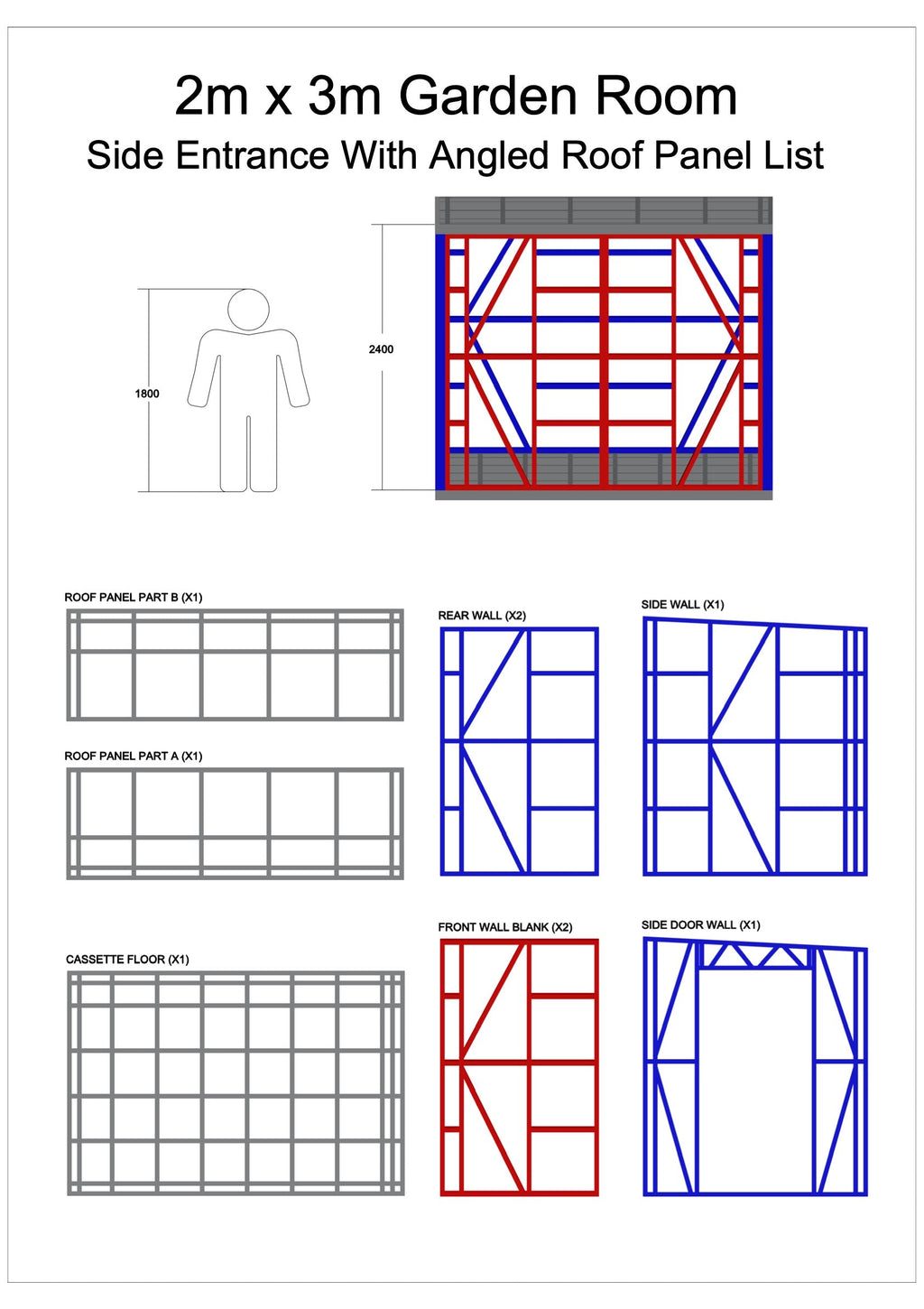 Technical drawing of a garden room with side entrance and angled roof panel layout.