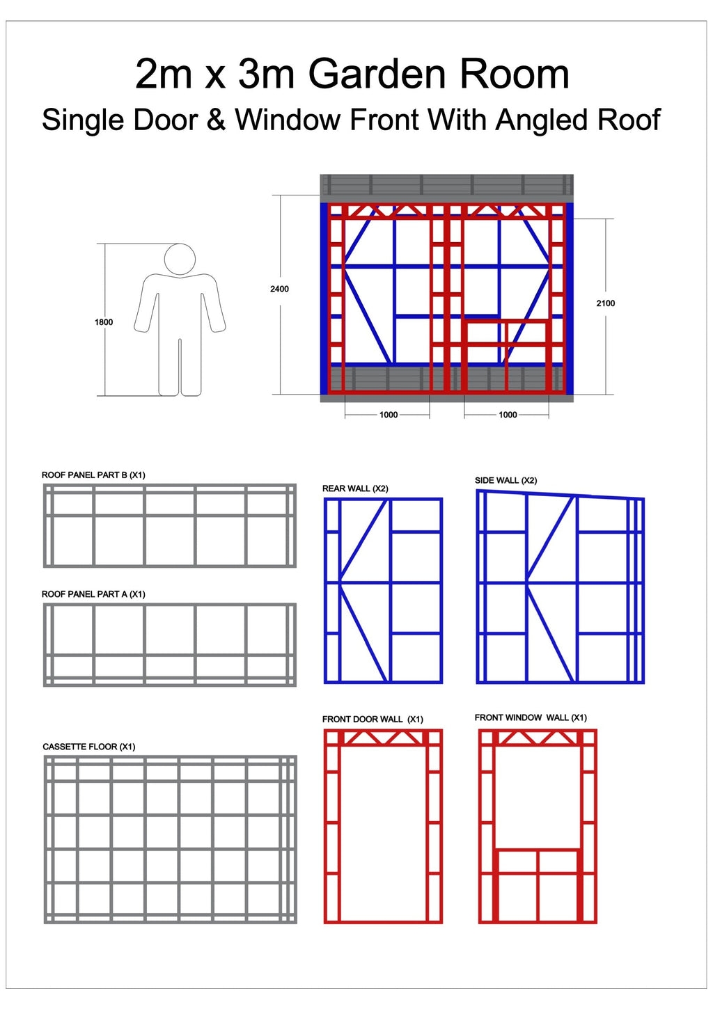 Blueprint of a 2m x 3m garden room with structural components and dimensions.