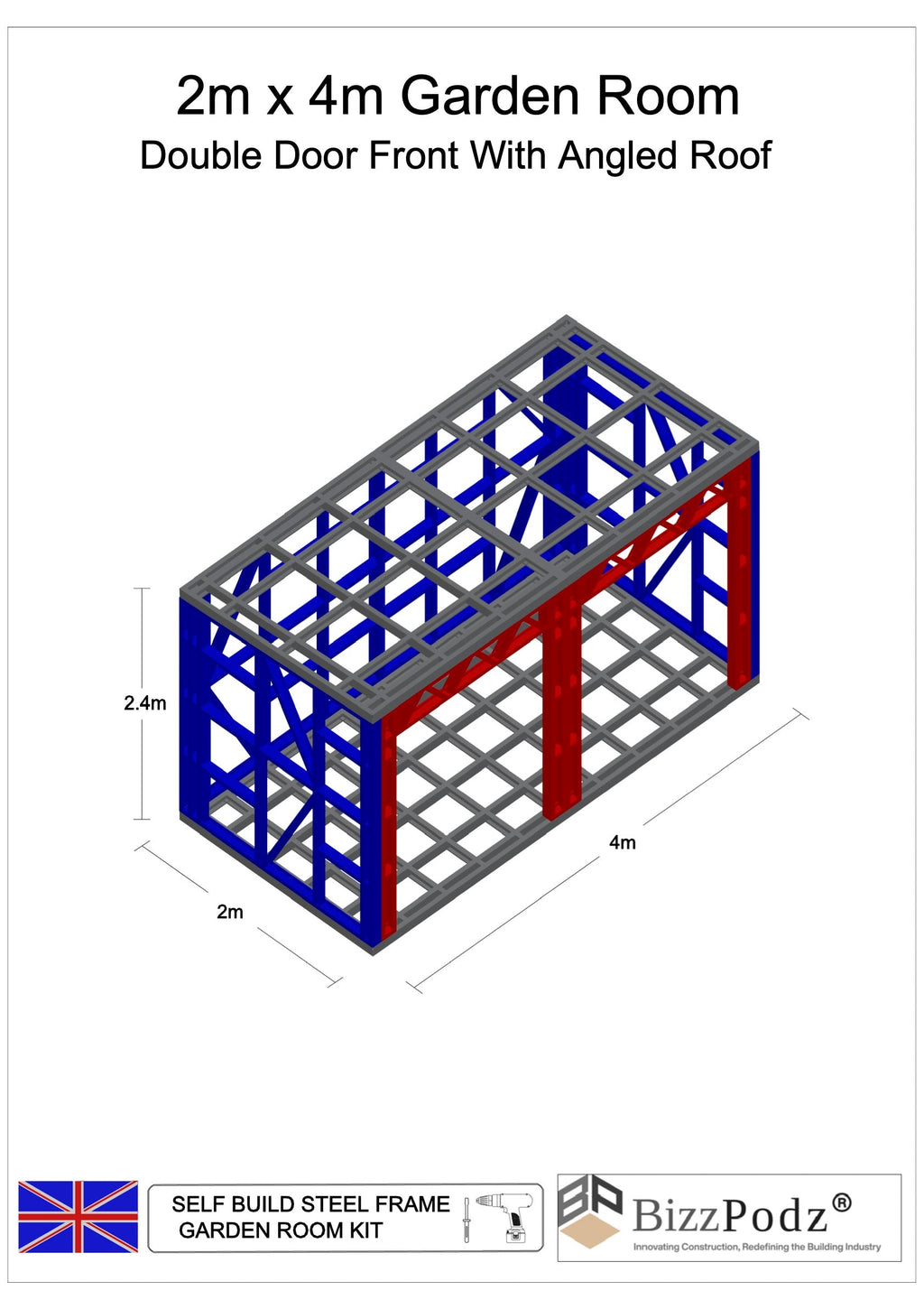 3D model of a self-build steel frame garden room kit with dimensions and BizzPodz branding.