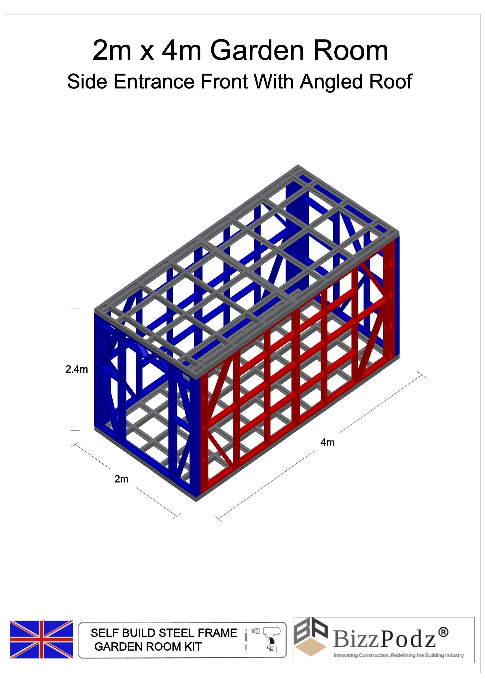 3D model of a self-build steel frame garden room with dimensions and BizzPodz branding.