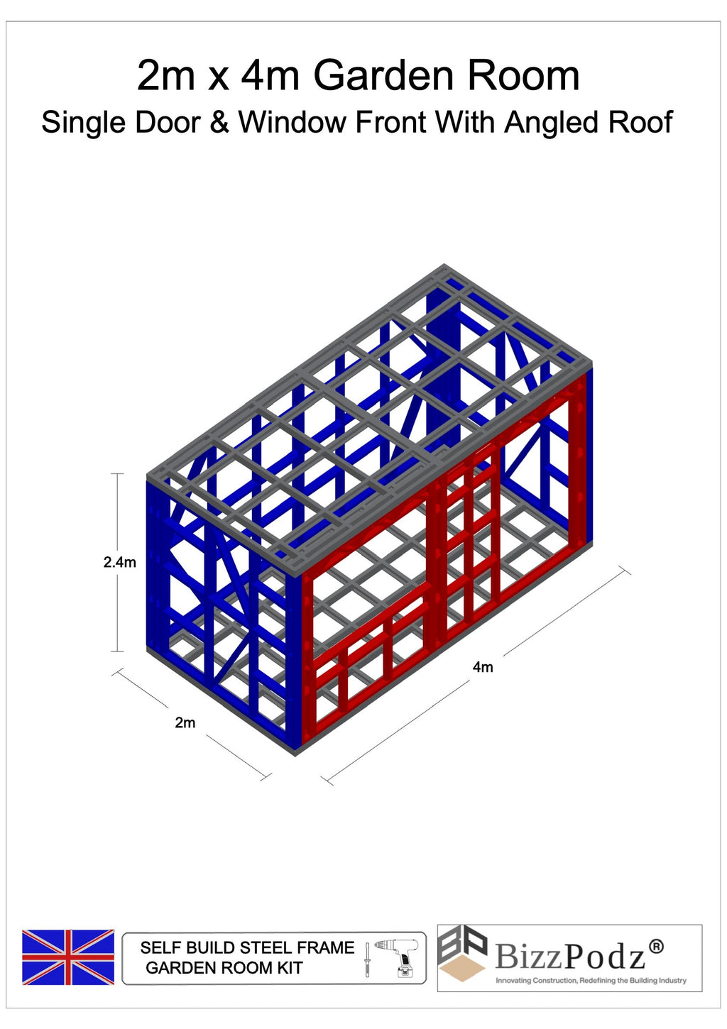 3D model of a self-build steel frame garden room with dimensions and features, branded as BizzPodz.