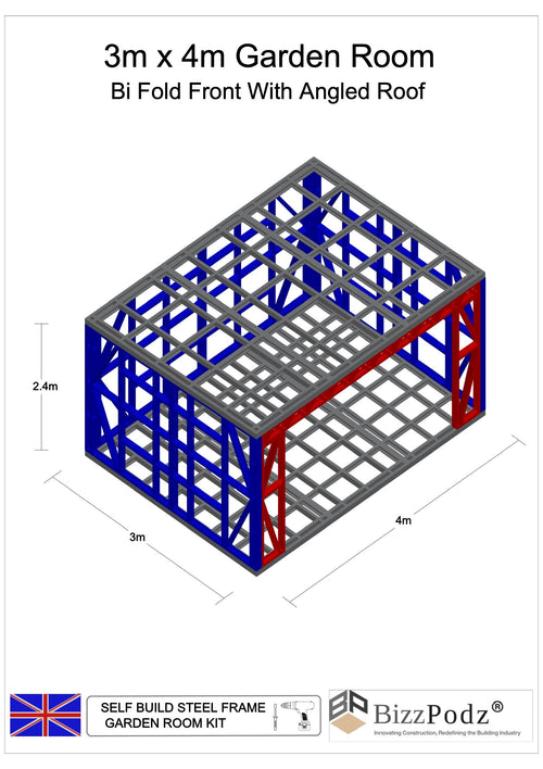 3D model of a self-build steel frame garden room with dimensions and BizzPodz branding.