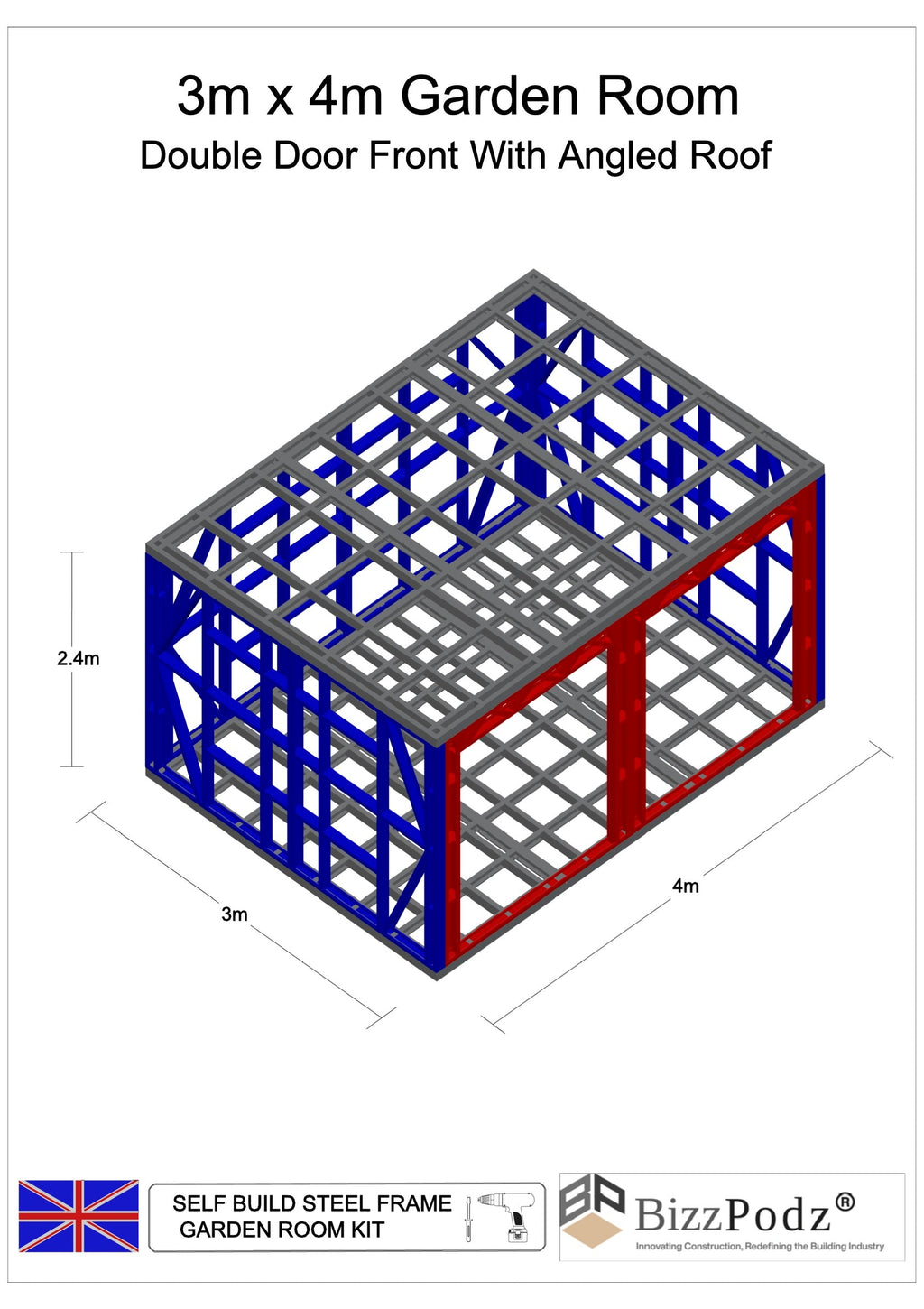 3D model of a self-build steel frame garden room with dimensions and BizzPodz branding.