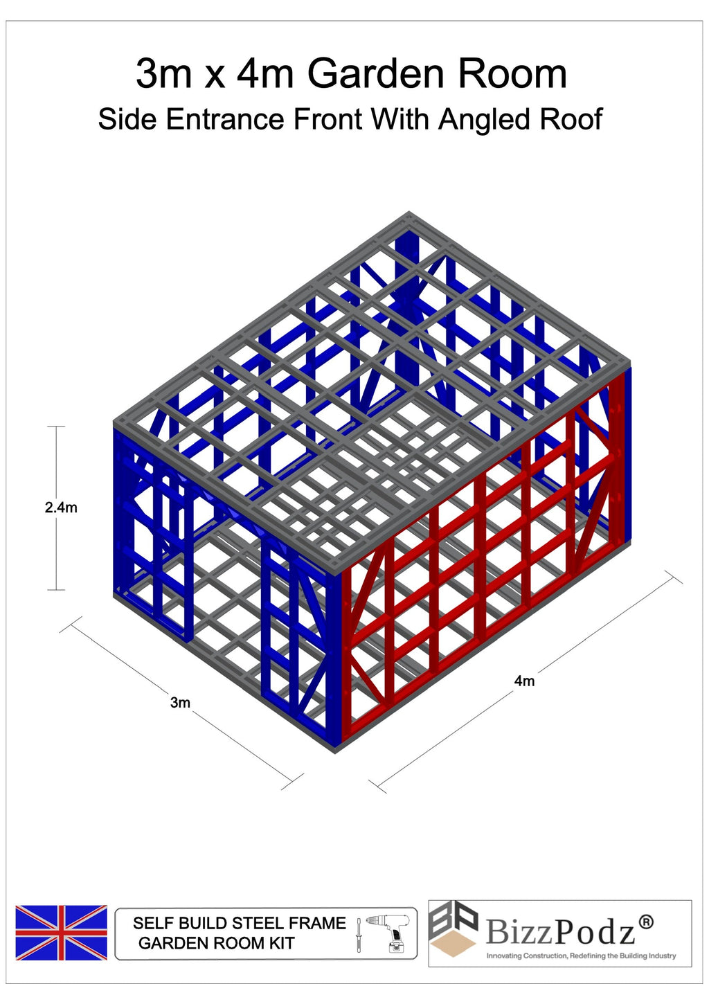 3D model of a self-build steel frame garden room with dimensions and BizzPodz branding.