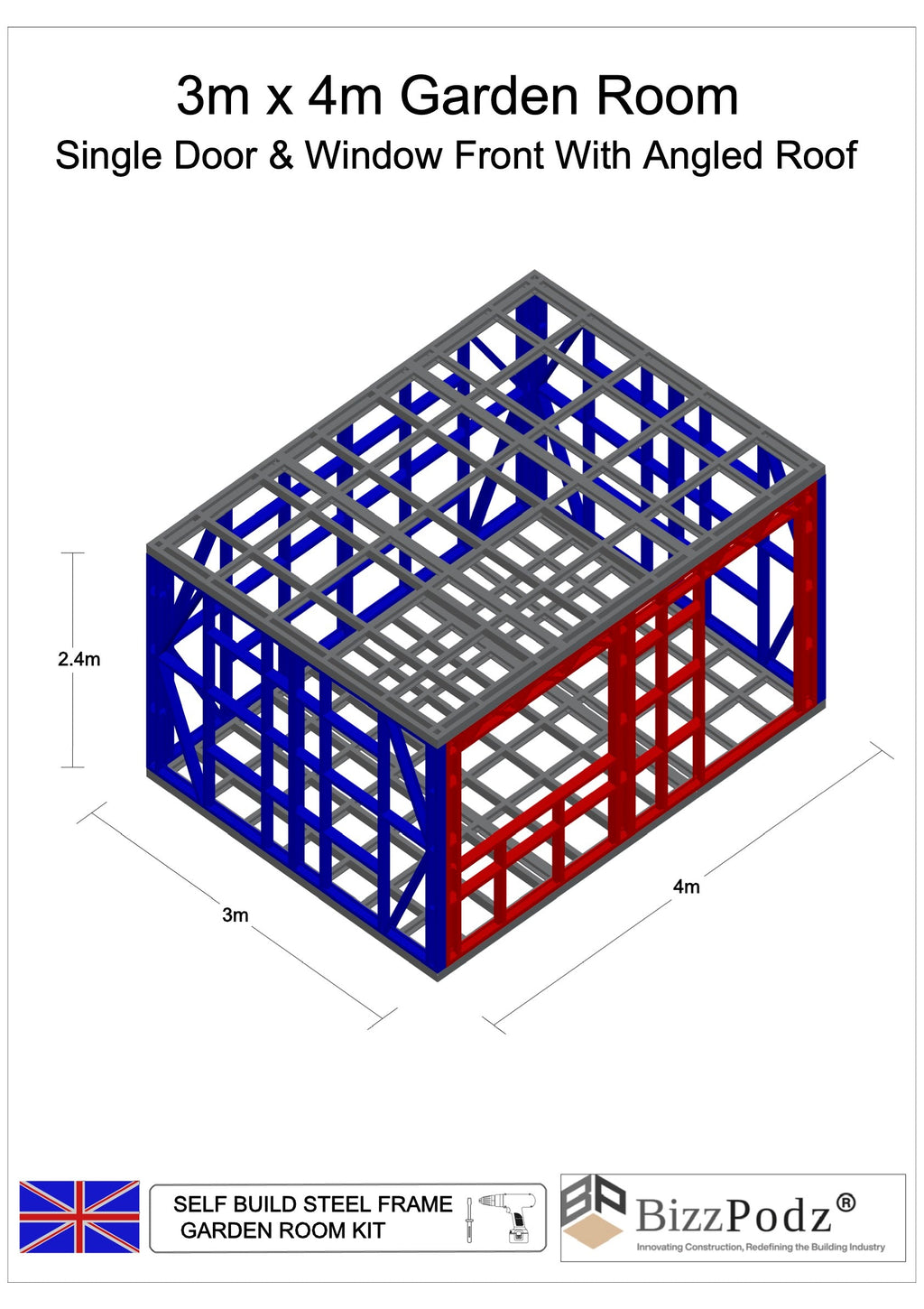 3D model of a self-build steel frame garden room with dimensions and BizzPodz branding.