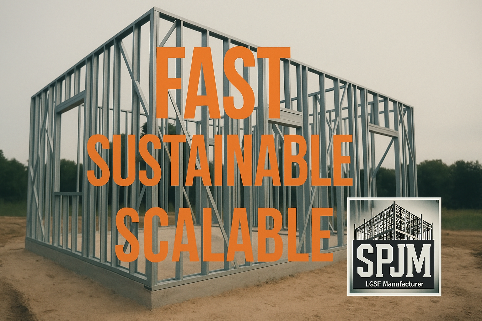 Building frame with 'FAST SUSTAINABLE SCALABLE' text and SPJM logo.