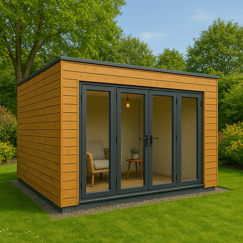 Wooden garden office with glass doors in a green outdoor setting