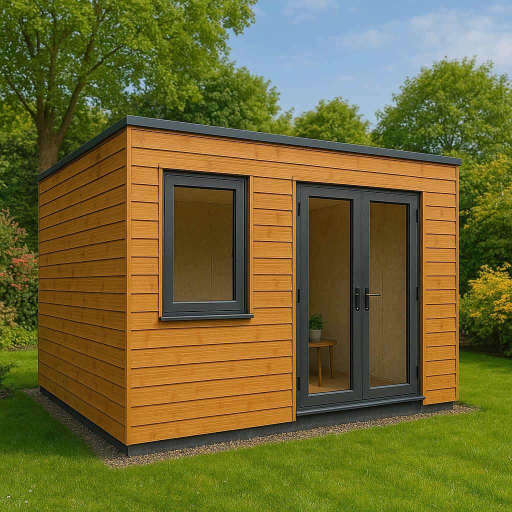 Wooden garden shed with glass door and window in a green outdoor setting