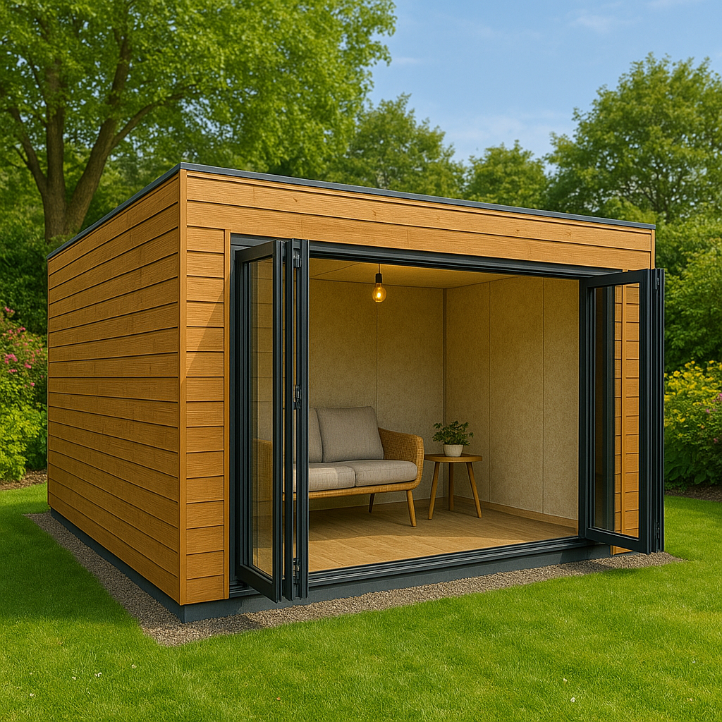 Wooden garden shed with open doors revealing interior furniture on a grassy area with trees in the background