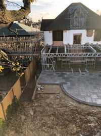 Construction site with a partially built house and scaffolding.