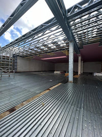 Underconstruction building with metal roof and floor