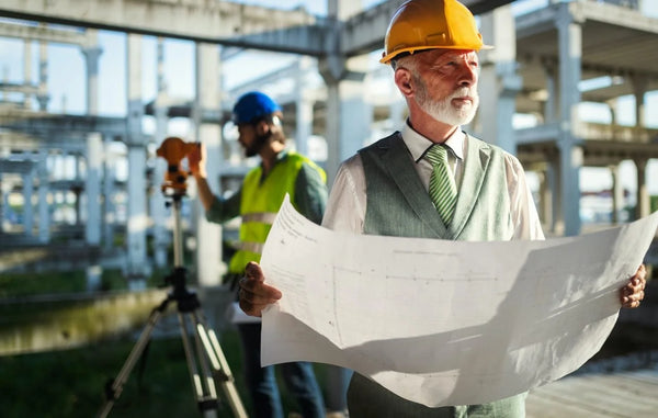 Two engineers on a construction site, one holding blueprints and the other using a laser level.