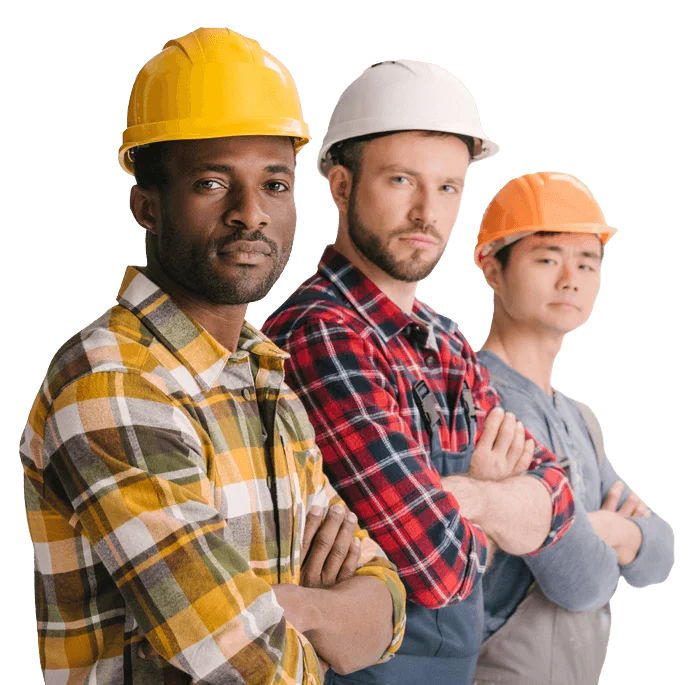 Three construction workers wearing hard hats and plaid shirts on a white background