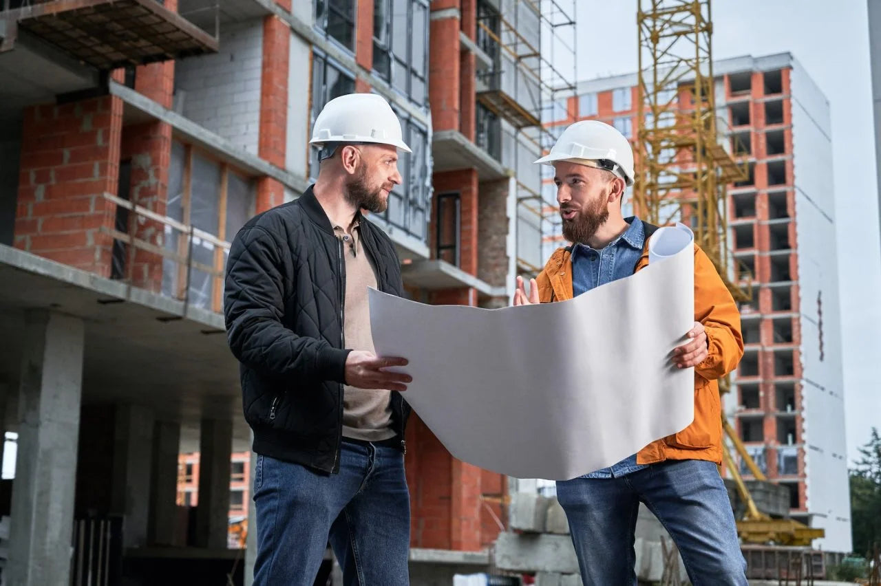 Two construction workers discussing blueprints in front of a building under construction.